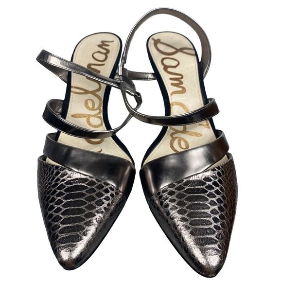 Sam Edelman Wm’s Sz 7.5 Chrome Snake Print 3.5” Heel Strappy Pump Shoes - Picture 2 of 9
